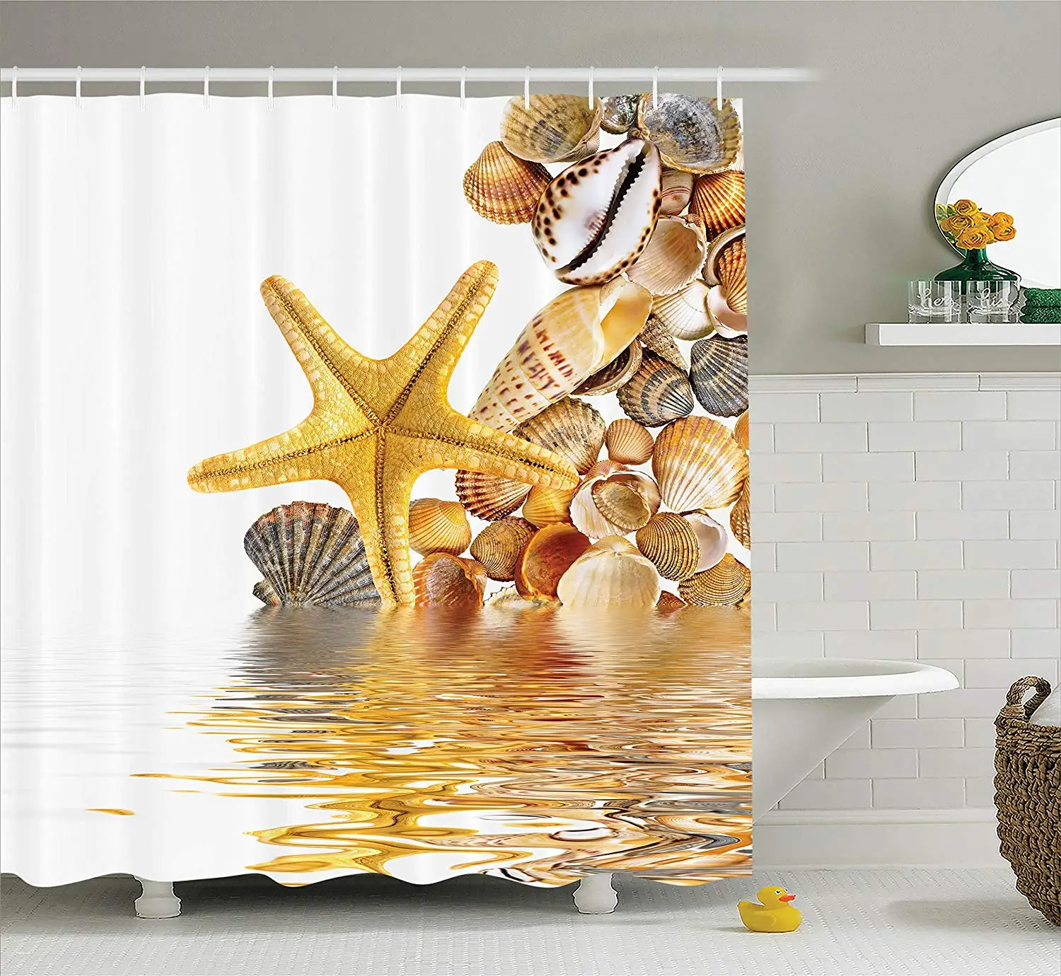 Seashells Shower Curtain Shells and Starfish Reflection Water Golden