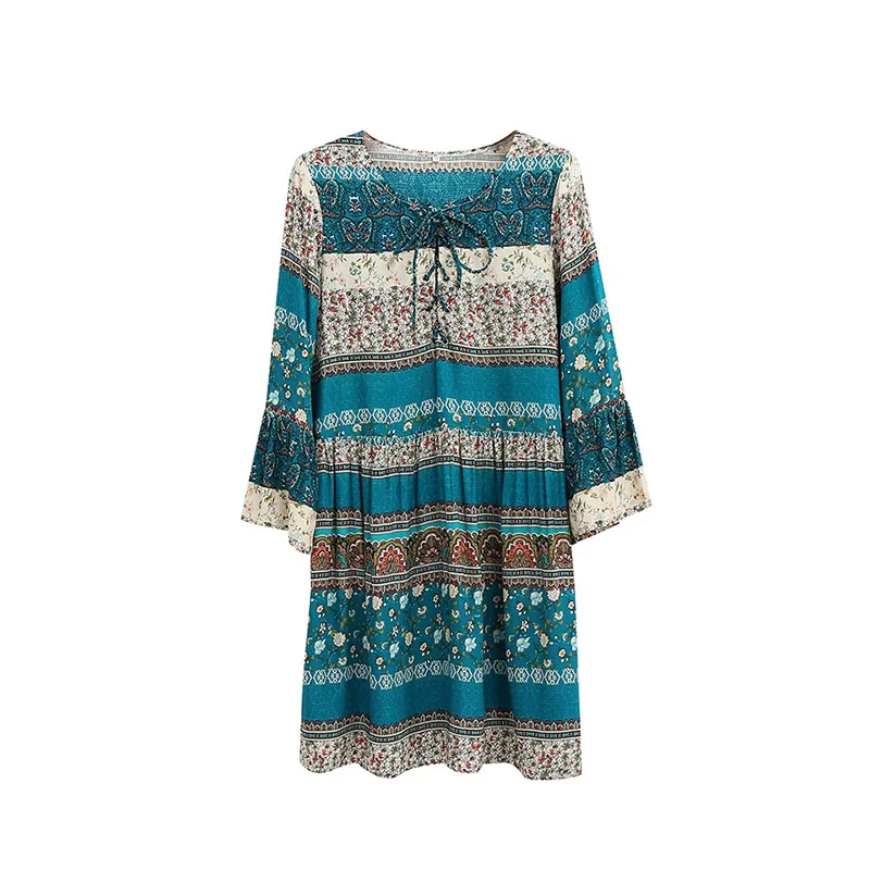 Женское платье с рукавом фонариком Boho повседневное мини цветочным принтом и