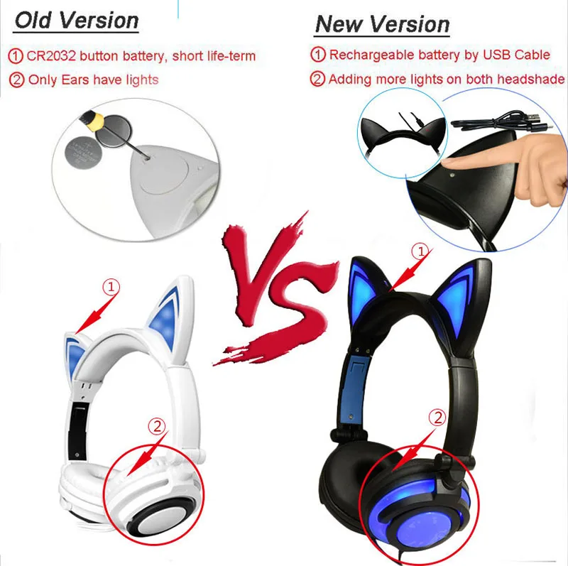 Christmas Rechargeable LED Foldable Flashing Headphone kids cat ear headphones Gaming Headset For PC Laptop Computer Mobile