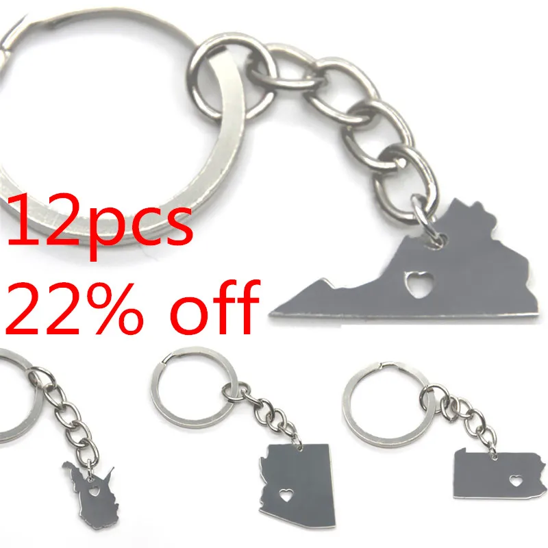 

US State map keyring silver tone Arizona Texas New hampshire Florida Alaska Utah North carolina Nevada Connectut.