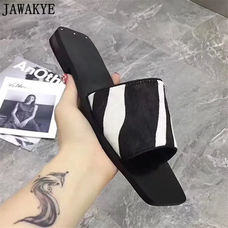 

2018 Newest horsehair Flat Slippers women Cozy Outdoor flip flops runway style Zebra Stripe Lazy summer beach Shoes slides