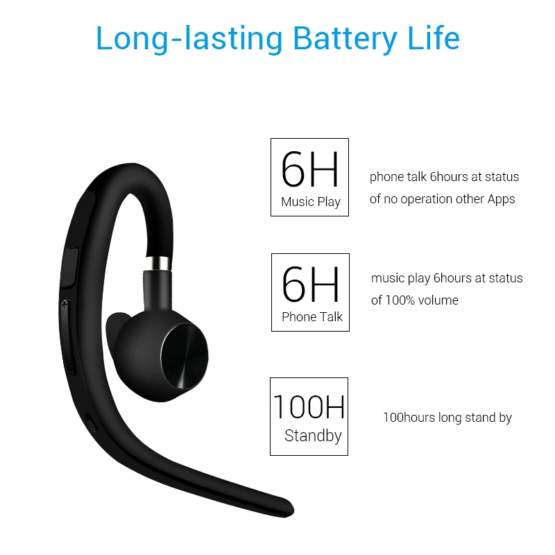 Bluetooth Earphone Business Handsfree Ear Hook Wireless Headsets Noise Cancelling HD Mic Music For iPhone 7 8 X Huawei P20 P30