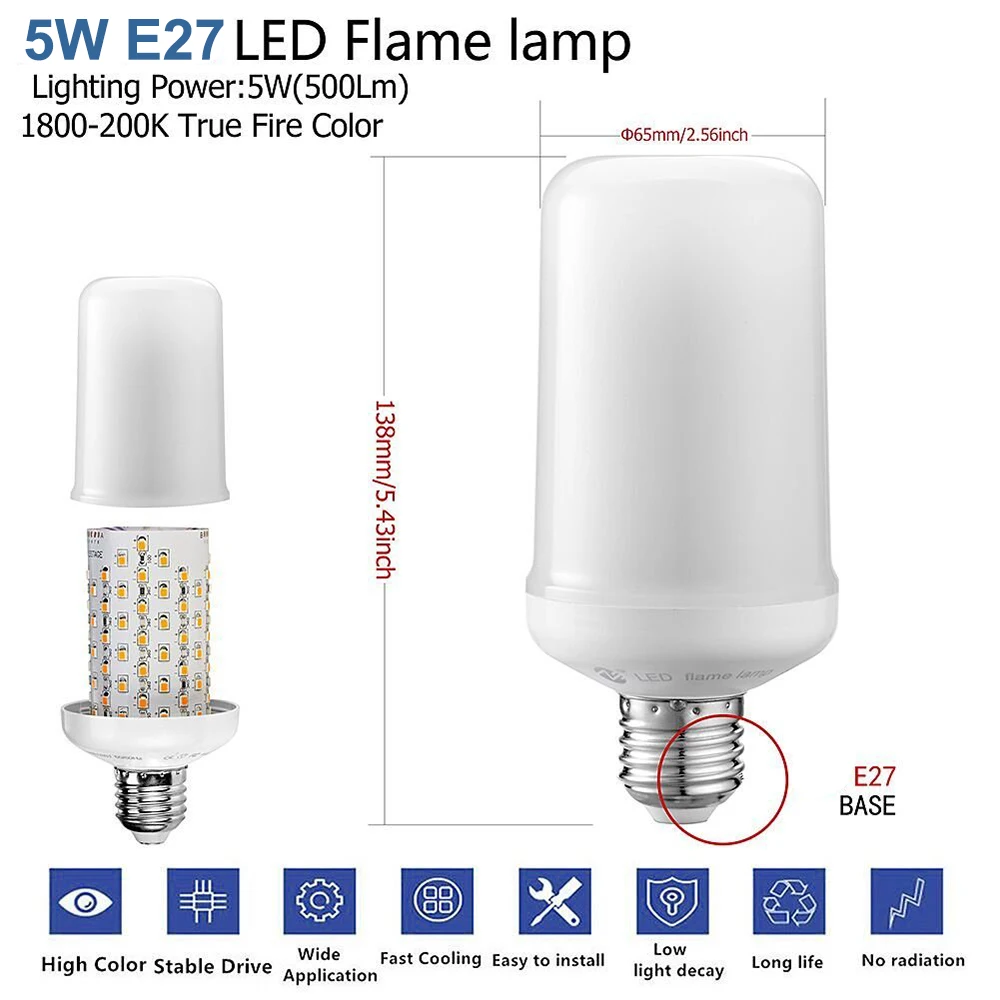 E27 5 Вт 99 шт. 2835 SMD Светодиодная лампа с эффектом ночного пламени праздничное