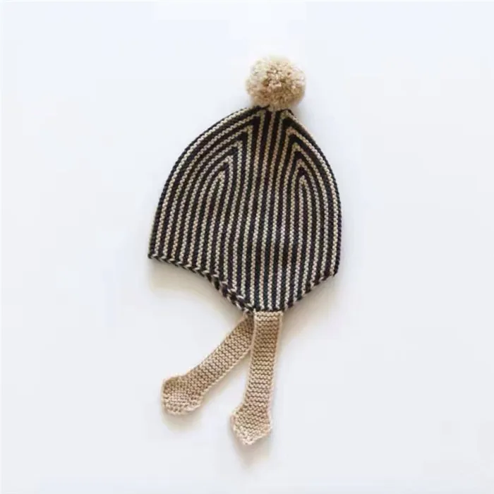 Зимние шапки из мериносовой шерсти для детей от 0 до 4 лет, вязаные шапки в полоску с меховыми помпонами, милый вязаный теплый шарф для малышей - Цвет: Gray Hat