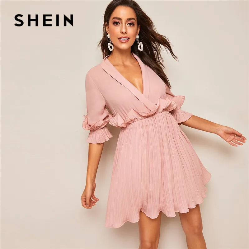 SHEIN Платье На Запах С Глубоким Вырезом И Оборками 2019 Сексуальное Рюшами Средним
