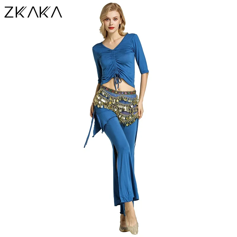 Костюм для танца живота ZKAKA(топ, брюки, пояс - Цвет: Blue