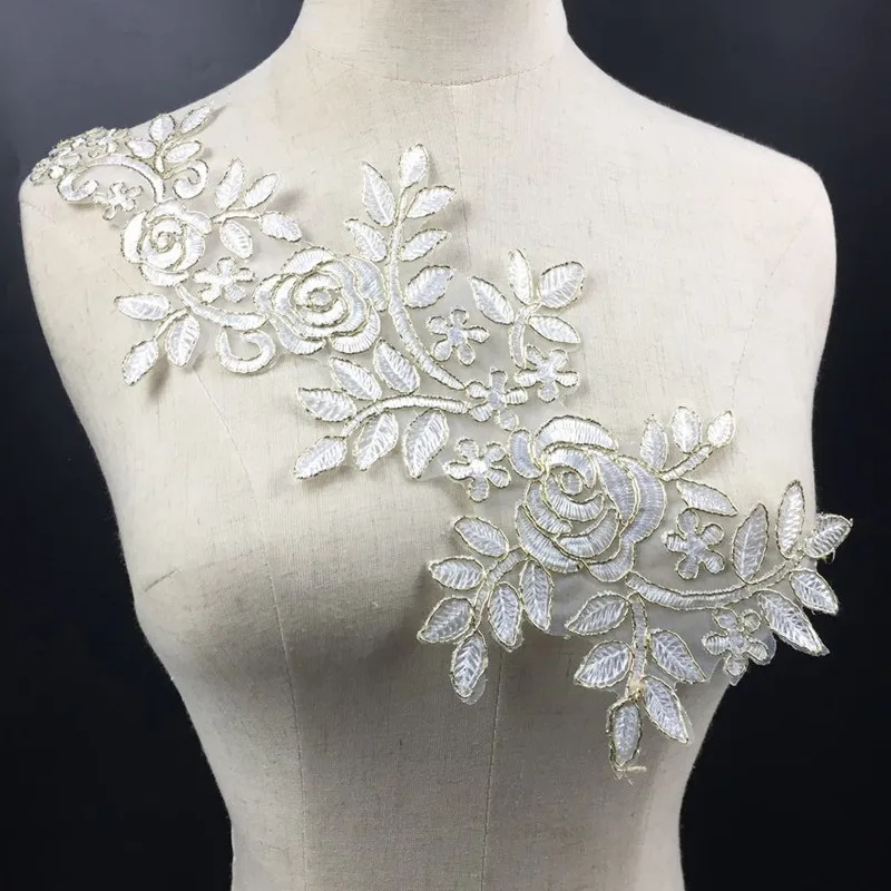 

YITUN DIY Hollow Handmade Polyester Grenadine Embroidery Lace White and Gold Applique Patch Garment Accessories Wedding Dress