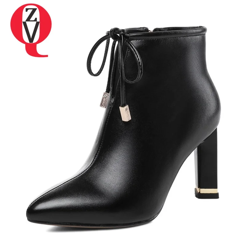 

ZVQ high quality woman shoes brand fashion side zipper high heels ladies sweet bowknot dress booties woman leather ankle b