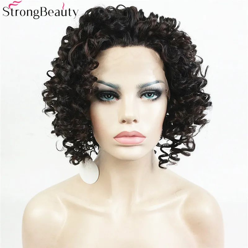 Сильный Красота короткие Синтетические волосы на кружеве парик синтетические волосы Для женщин вьющиеся темно-коричневые парики