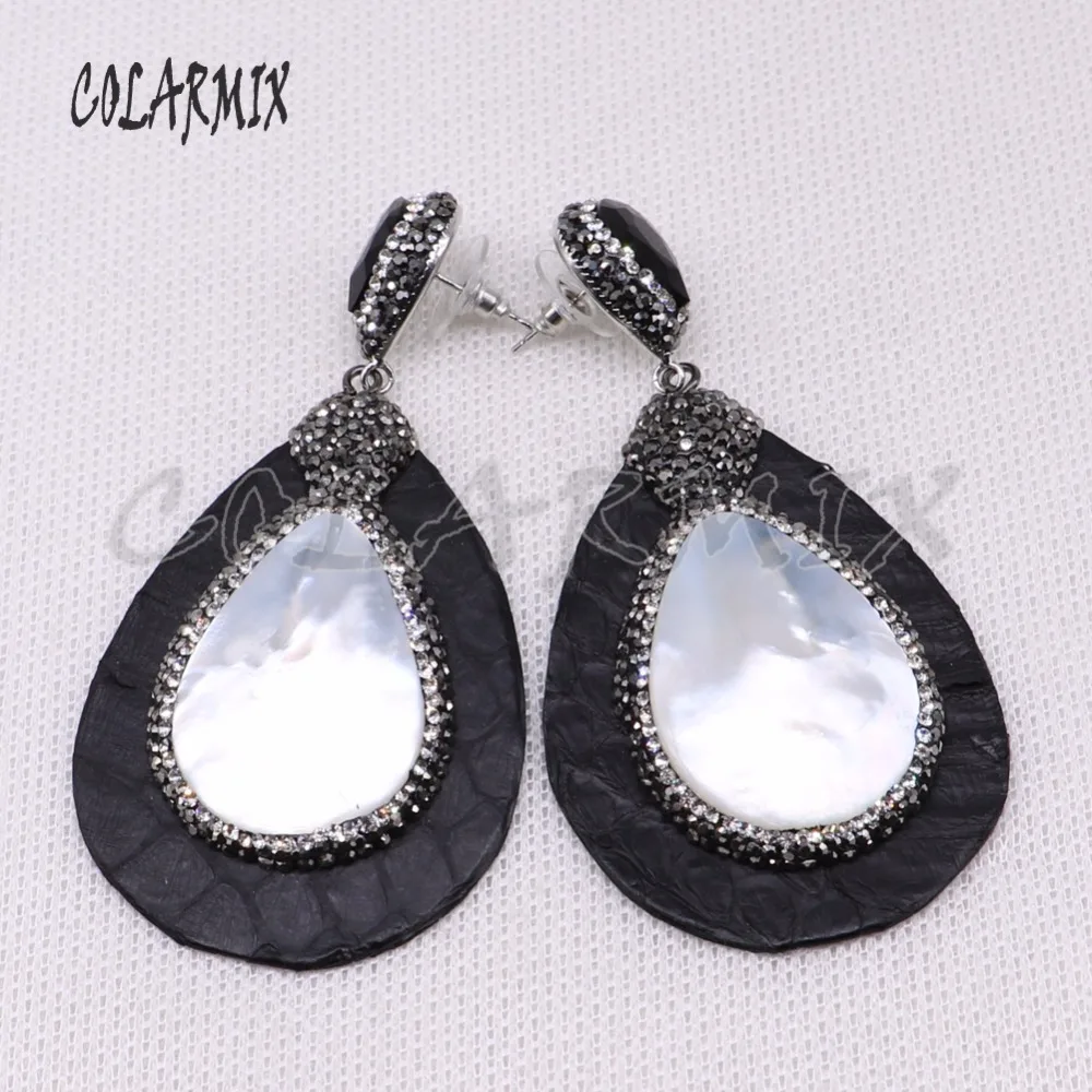 

3 Pairs black skin earrings with natural white shell stone earrings gift for her wholesale jewelry 4017