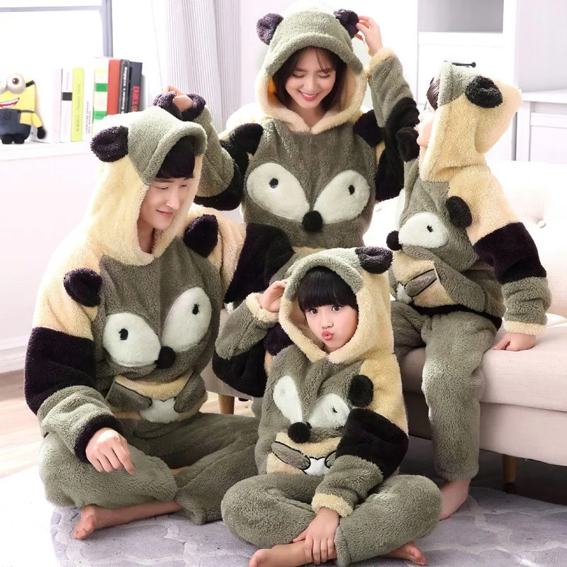 

JINUO New Arrival Winter Young Couples Plush Thicken Pajama Sets Parent-Kids Family Cartoon Fox Warm Soft Home Wear Sleepwear
