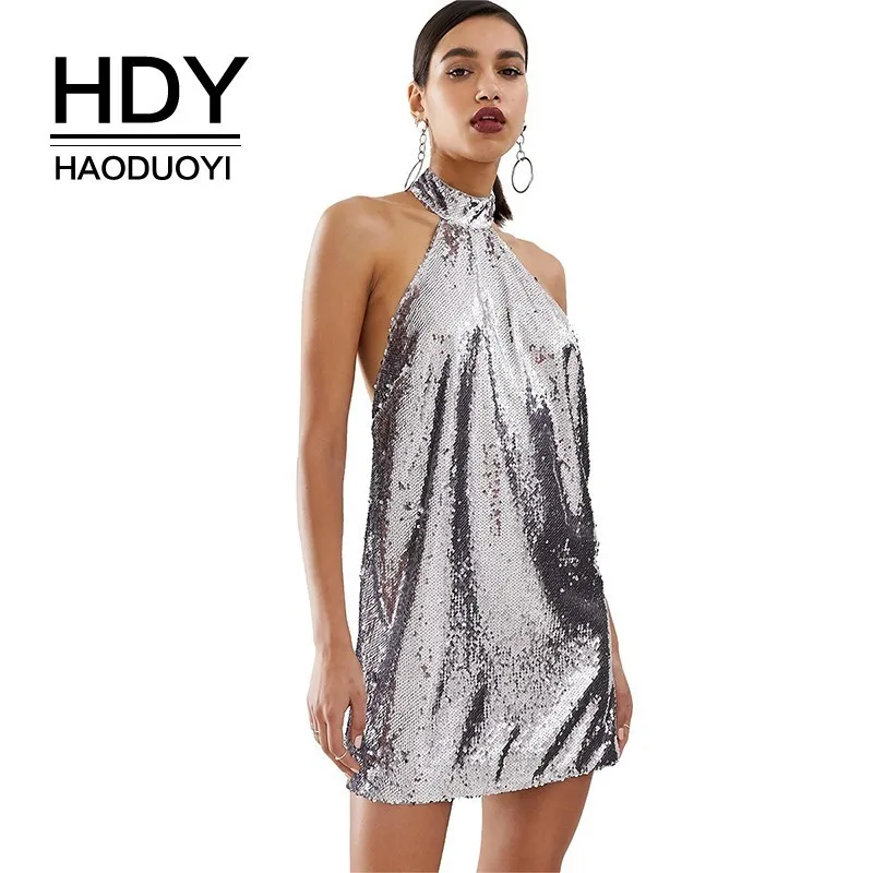 

HDY Haoduoyi Fashion Summer Sexy&club Sequined 2019 Lady Matal Color Halter Off Sgoulder Above Knee Sleeveless Dress