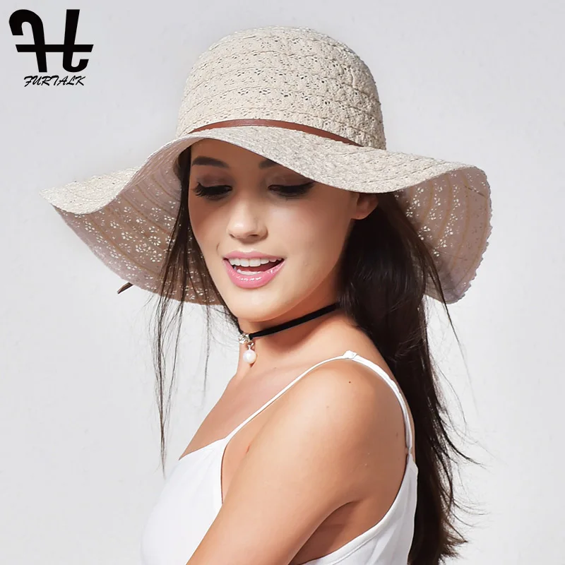 Skup FURTALK kapelusz na lato dla kobiet bawełniany słomkowy kapelusz kapelusz przeciwsłoneczny na plażę składany dyskietka Travel Packable Wide Brim Sun nakładka ochronna 2019