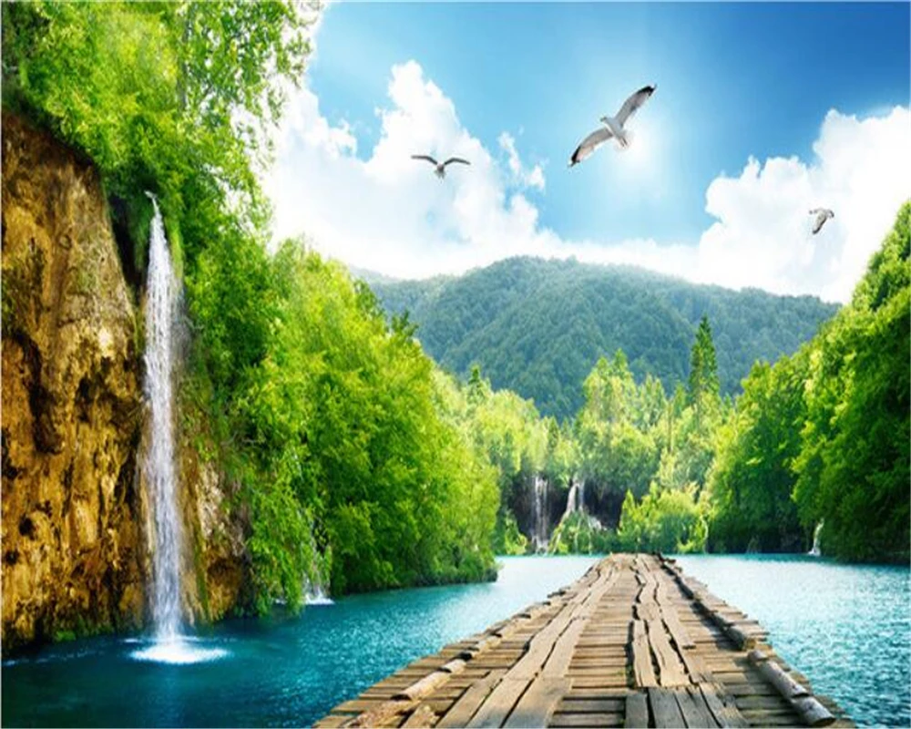 Beibehang 3D Wallpaper Pemandangan Air Terjun Jembatan Kayu 3D