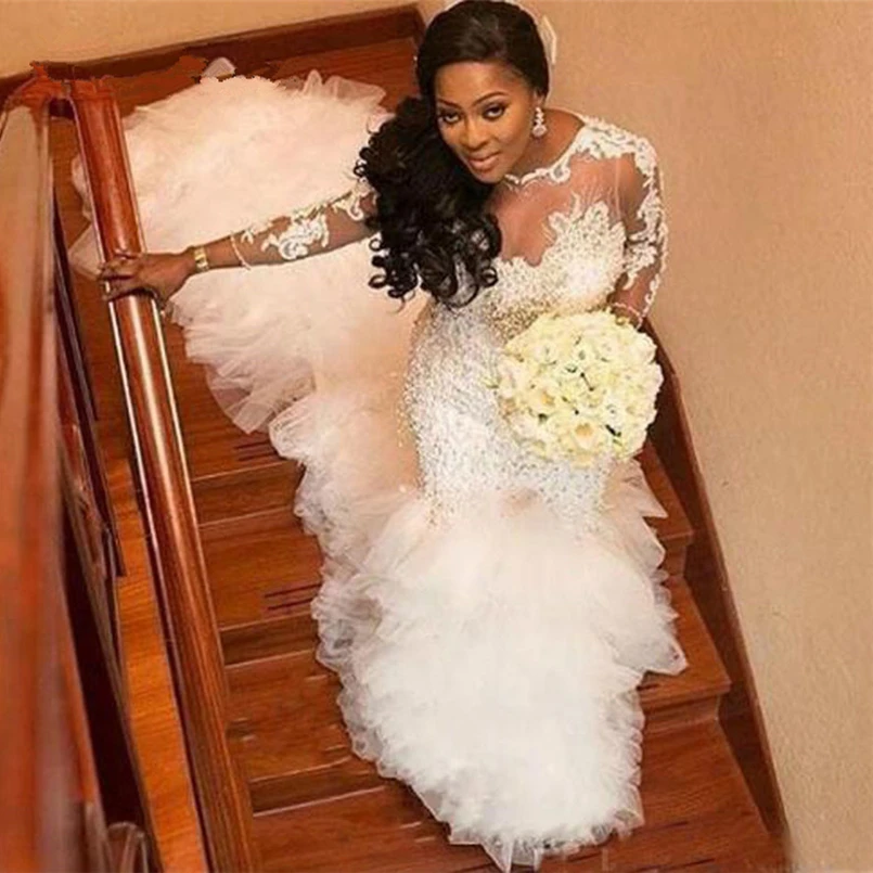 

Sexy Sheer Neck Lace Mermaid Wedding Dress With Beading Long Tassel Train Wedding Dress Long Sleeves Tiered Robe De Mariee