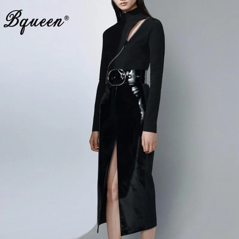 Bqueen 2019 сексуальный бодикон Одноцветный водолазка на молнии с вырезами женский