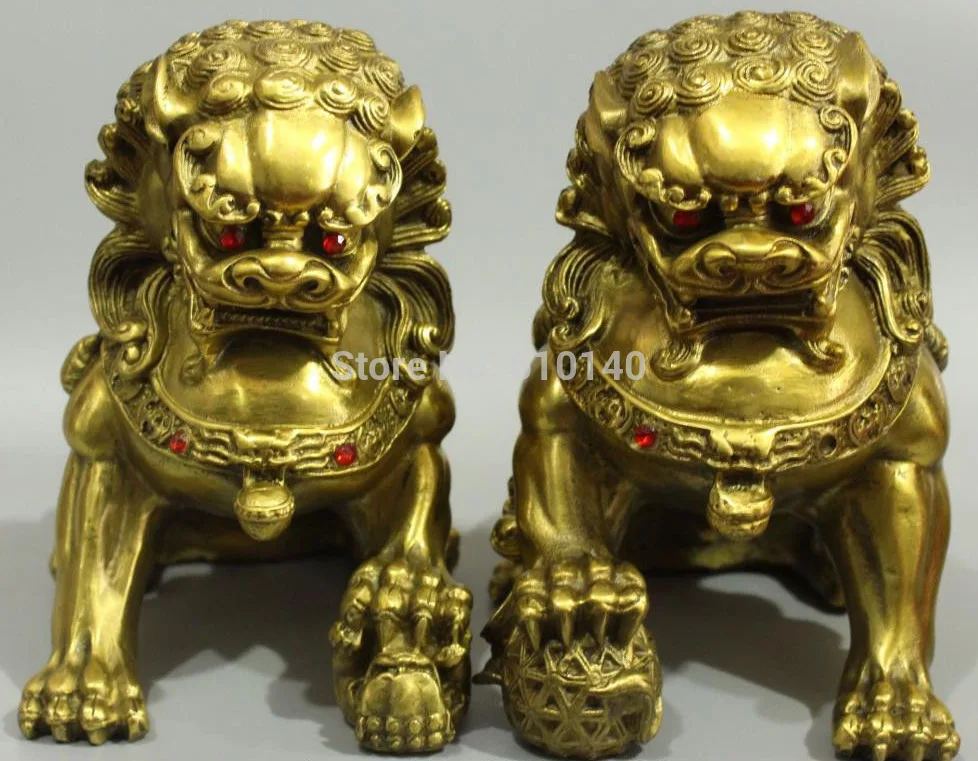 

Chinese Bronze Guardian Foo Fu Dog Phylactery Door Lion bALL Kid Pair Sculpture