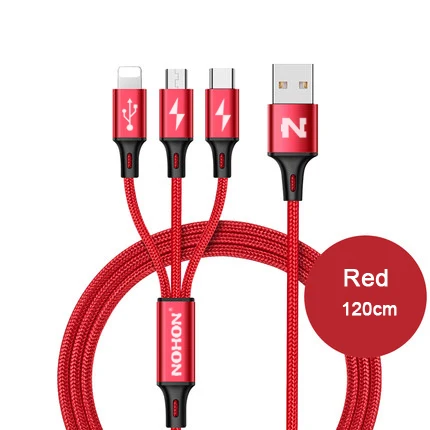 NOHON 3 в 1 8Pin type C Micro нейлоновый USB кабель для iPhone 8X7 6 6S Plus iOS 10 9 8 samsung Nokia USB кабели для быстрой зарядки шнур - Цвет: 3-IN-1 Red