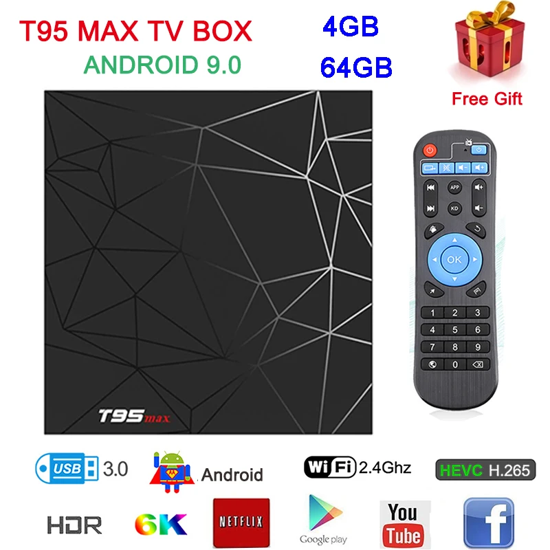 

T95 MAX Android 9.0 Smart TV Box 4GB 64GB 6K HD Set Top Box USB 3.0 2.4G Wifi H6 Quad Core Cortex A53 Media Player DDR3 TV BOX