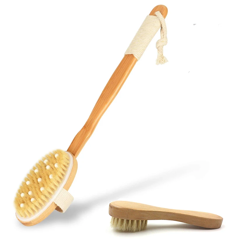 TREESMILE Shower Brush 100 Natural Bristle Body Massage Brush Detachable Long Wood Handle