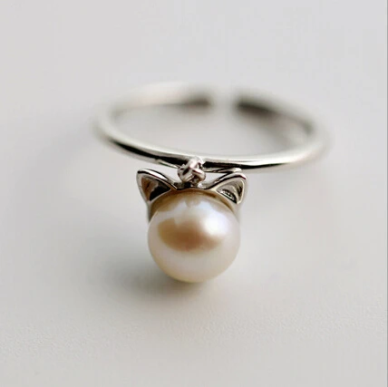 Pearl cat ears Cute Rings 925 Sterling silver Jewelry fashion Vintage Adjustable rings for women gift