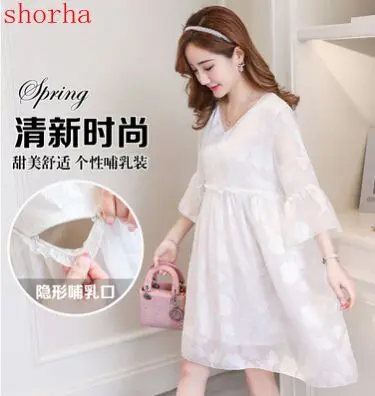 

2018 new summer V-neck horn seven-sleeved breast-feeding clothing pregnant women dress out in the long section of the nursing