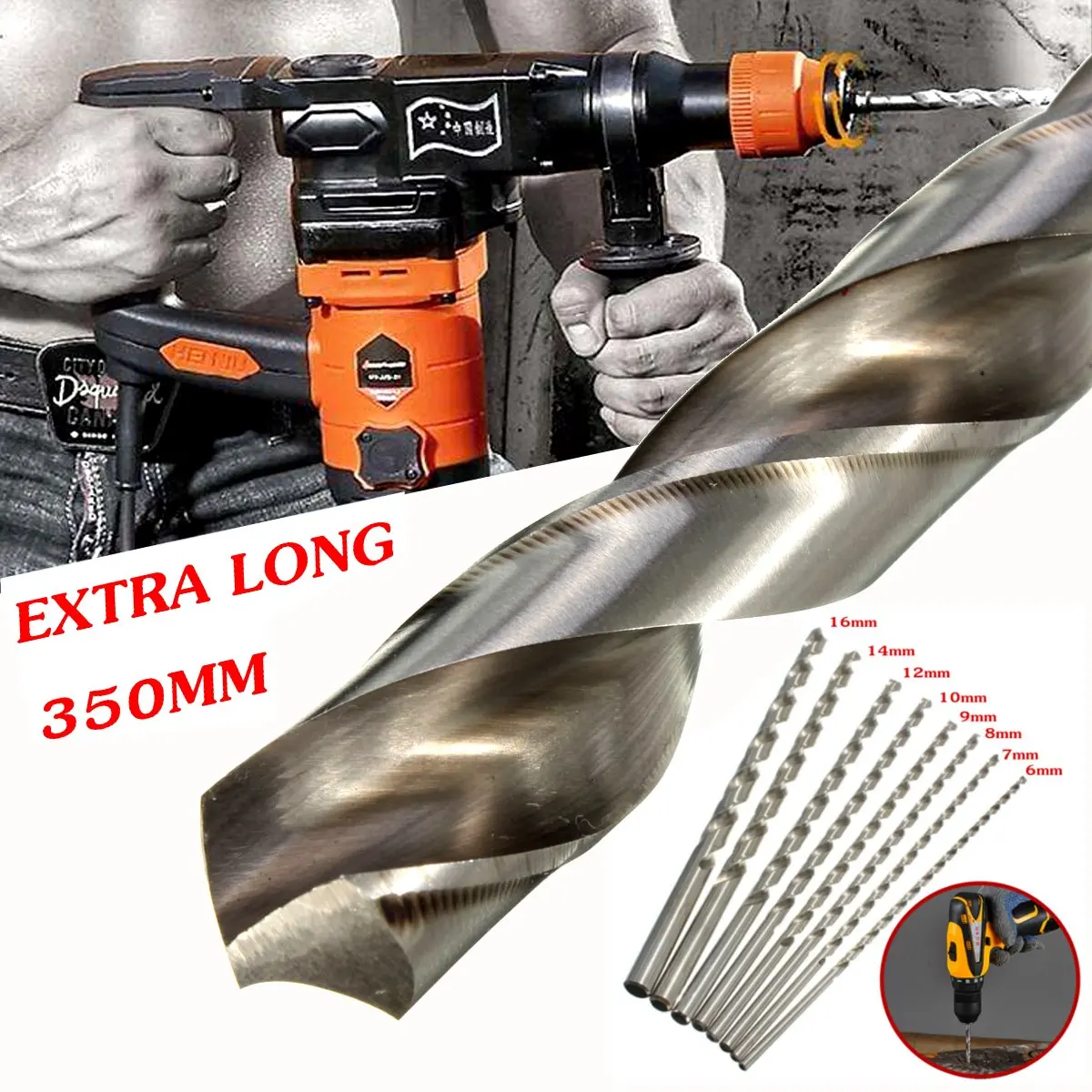 

6-16mm Diameter Extra Long 350mm HSS Auger Twists Drill Bit Straight Shank Drill Bit For Plastic / Metal /Wood Drilling