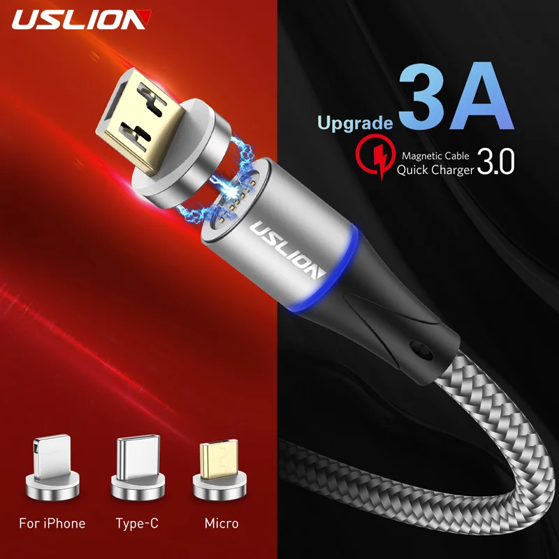 

USLION Magnetic Charger Micro Usb Cable Usb Type C Fast Charging Adapter Magnet Wire For iphone X For Samsung S10 Xiaomi Cord 3A