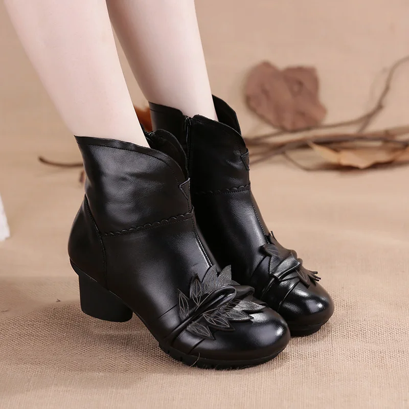 

CHAISHOU 2018 winter leather knight boots middle and old women's boots platform round head Ankle warm non-slip boots Botas mujer