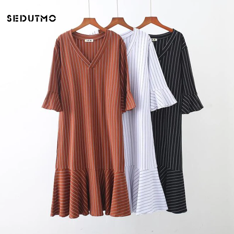 

SEDUTMO Summer Stripe Dress Women Tunic Ruffles Dresses Sexy Autumn Vintage V Neck Oversize Party Dress ED775