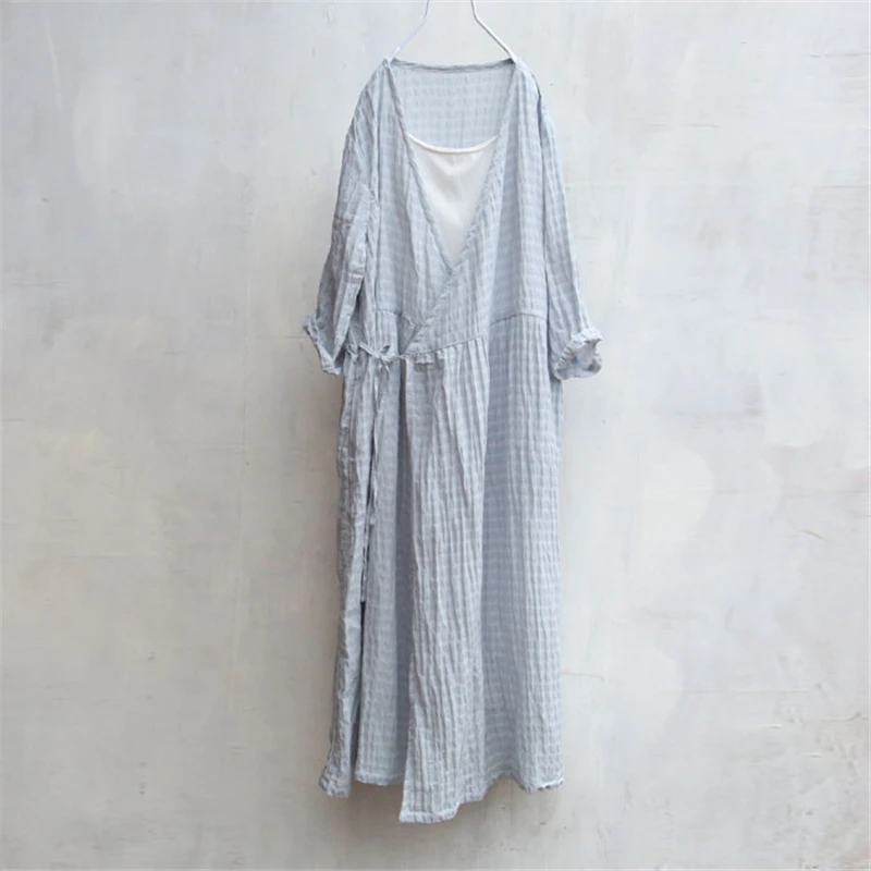 

Johnature Brief Dress 2019 New Summer Women Linen Cotton Thin Breathable Comfortably Solid V-Neck Belt Yellow Light Blue Dresses