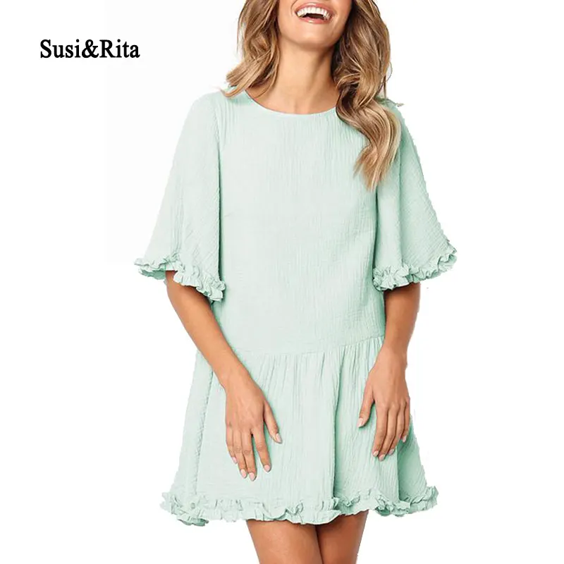 

Susi&Rita 2019 Summer Short Party Dress Women Casual Short Sleeve Loose Dress Sexy Ruffle Mini Dresses Vestidos Robe Femme