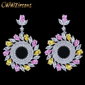 

CWWZircons High Quality Cubic Zirconia Pink Yellow Crystal Round Big Drop Earrings Luxury Designer Jewelry for Women CZ223