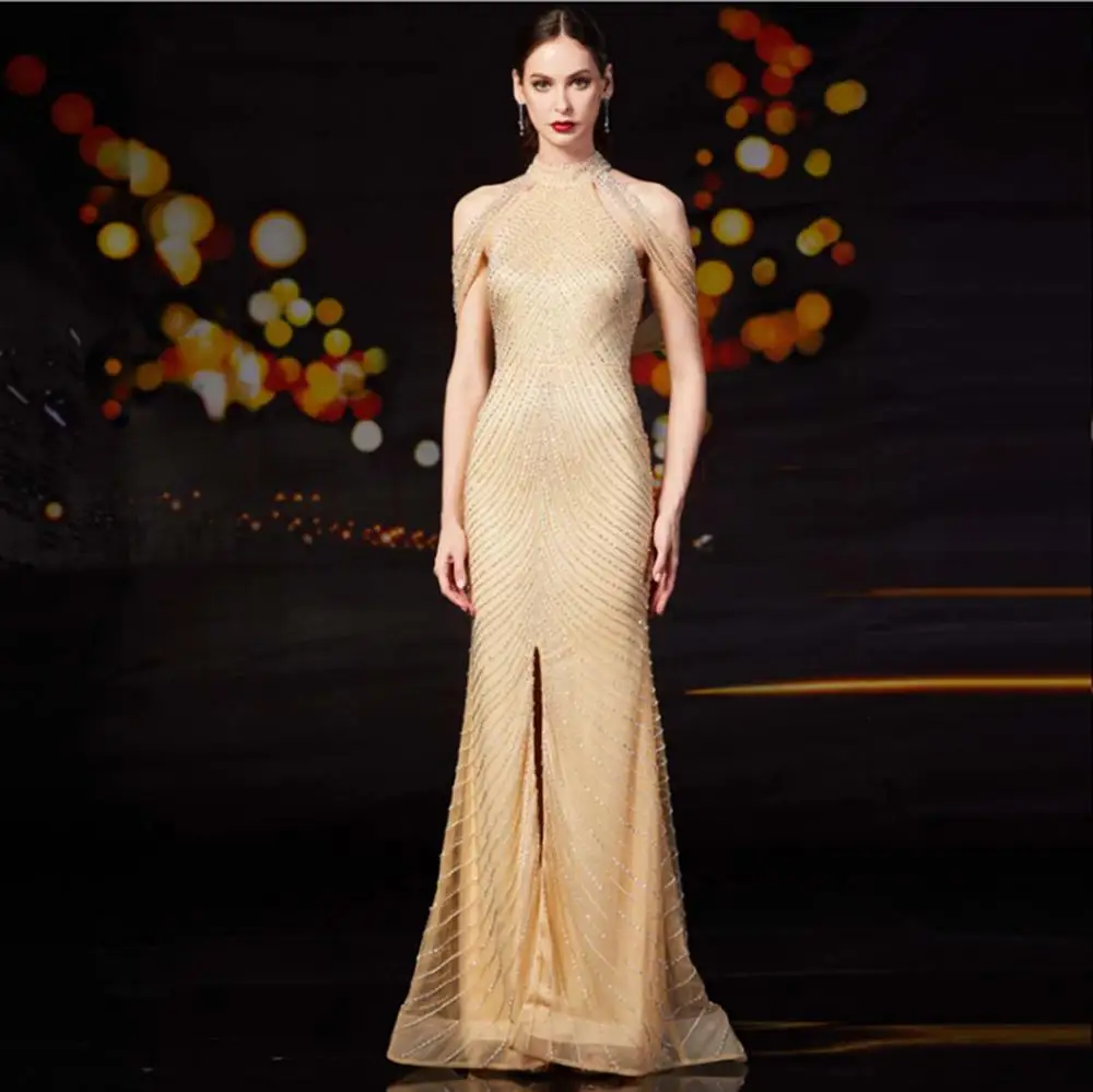 haltered ruffles mermaid evening dress