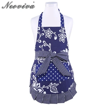 

Neoviva Cotton Kitchen Apron for Lady with Big Pocket Lining Applied Kathy Floral Crown Blue Pleated Chef Cooking Apron For Home