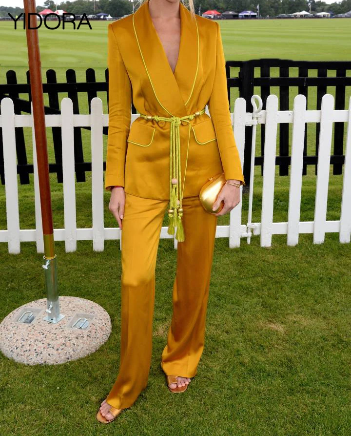 

Fall 2018 Women Contrast Color Blazer + Wide Leg Trousers With Matching Beaded Tie Tassel Ends - New Blazer Pant Two Piece Set