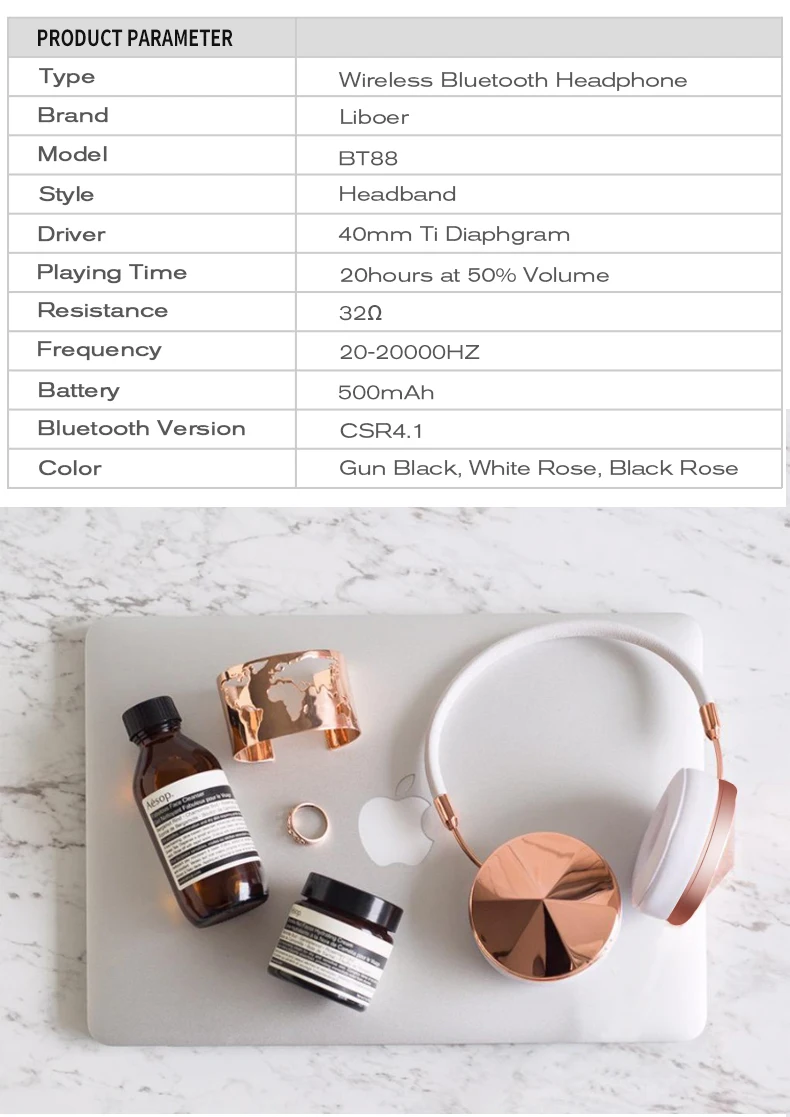 Fashion Rose Gold Wireless Bluetooth Headset Headphone with Microphone Stylish On Ear Share Headphone for Women Girl Liboer BT88 15