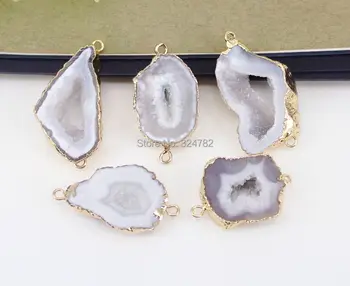 

10pcs Natural Geode Slice Stone Connectors beads in White Color,Gold Metal Charm Gem stone beads For Making Jewelry