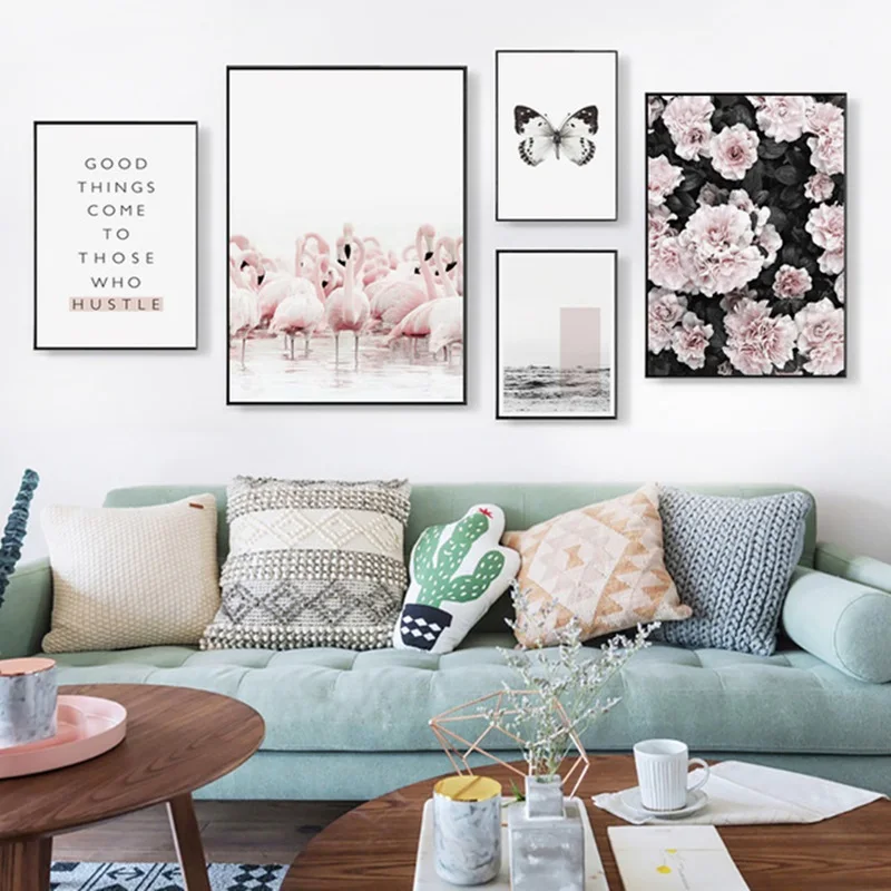

Canvas Printed Flamingos Poster Home Decorative Minimalism Nordic Butterfly Painting Flower Wall Art Modular Picture Living Room