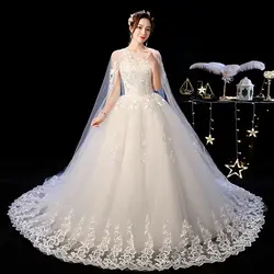 2019 новое белое свадебное платье с круглым вырезом и длинным шлейфом красивое кружевное платье с аппликацией Иллюзия на шнуровке свадебное