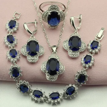 

Blue White Green Stone Silver Color Fashion Wedding Jewelry Sets For Women Drop Earrings Bracelet Pendant Ring Free Gift Box