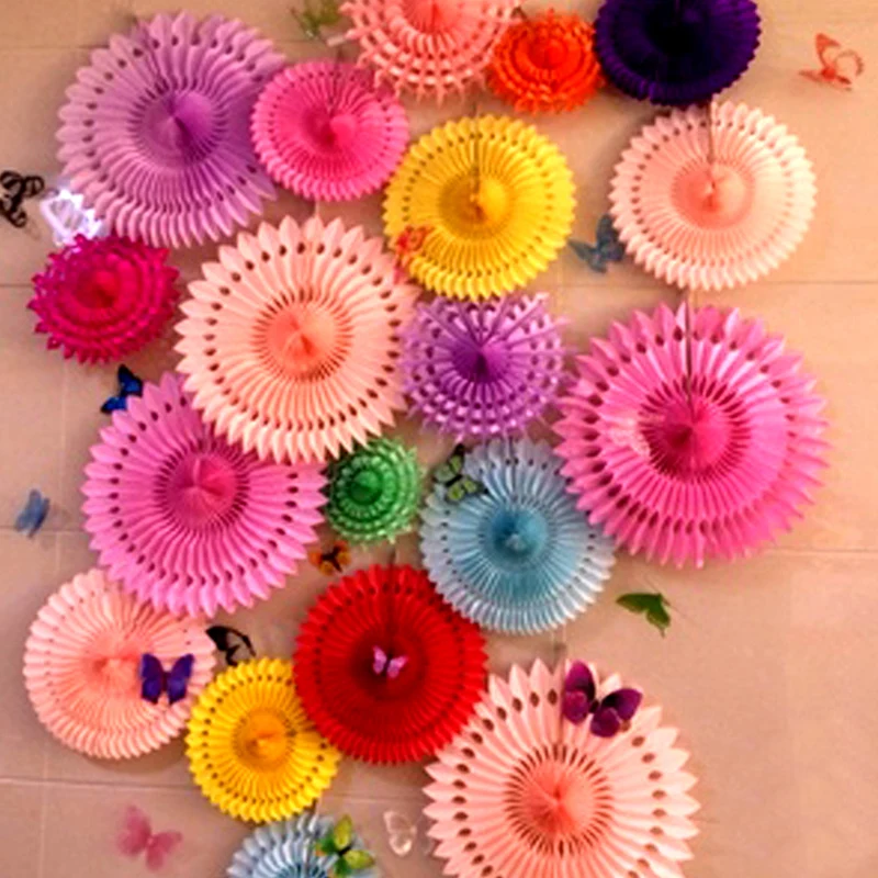 

3pcs/ lot 25cm Tissue Paper Cut-out Paper Fans Pinwheels Hanging Flower Paper Crafts for Showers Wedding Party Birthday Festival