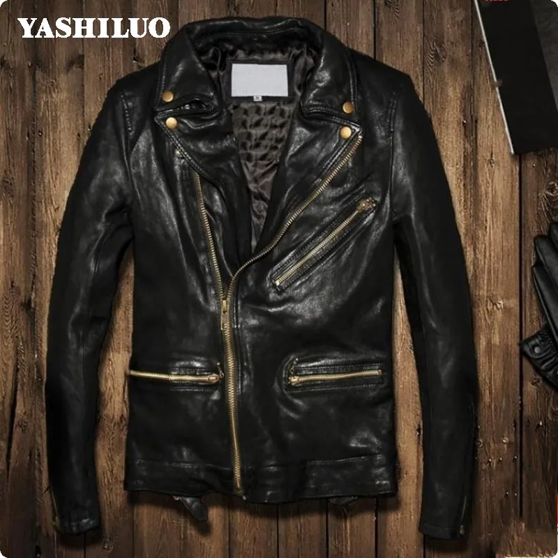

2019 Winter European Mens 100% Real Leather Jackets Sheepskin Short Slim Fit Coat Zipper Biker Motorcycle Blouson Cuir Homme