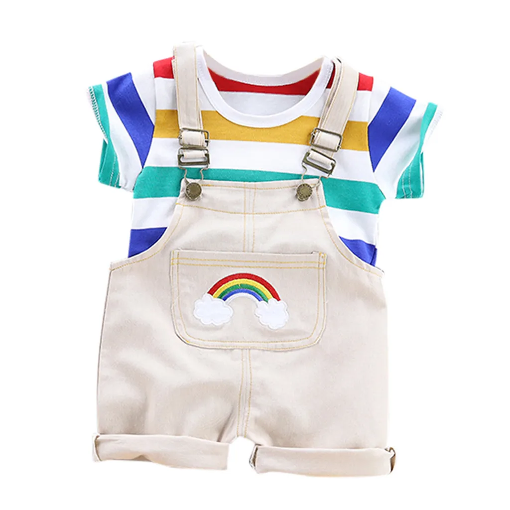 

Summer New Fashion Toddler Baby Boy Kids Rainbow Stripe Tops T-shirt Straps Short Outfits Set Wholesale Free Ship Z4