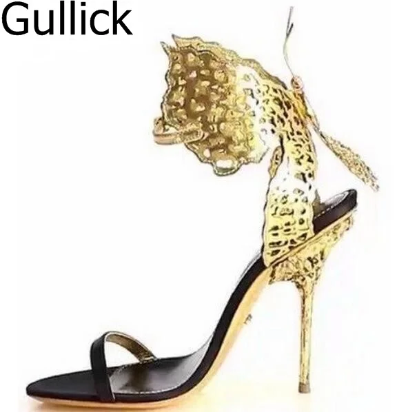

New Design Black Gold Cut Out Butterfly Sandals Laser-Cut Wing Dress Shoes Women Summer Round Toe Buckle Strap High Heel Shoes