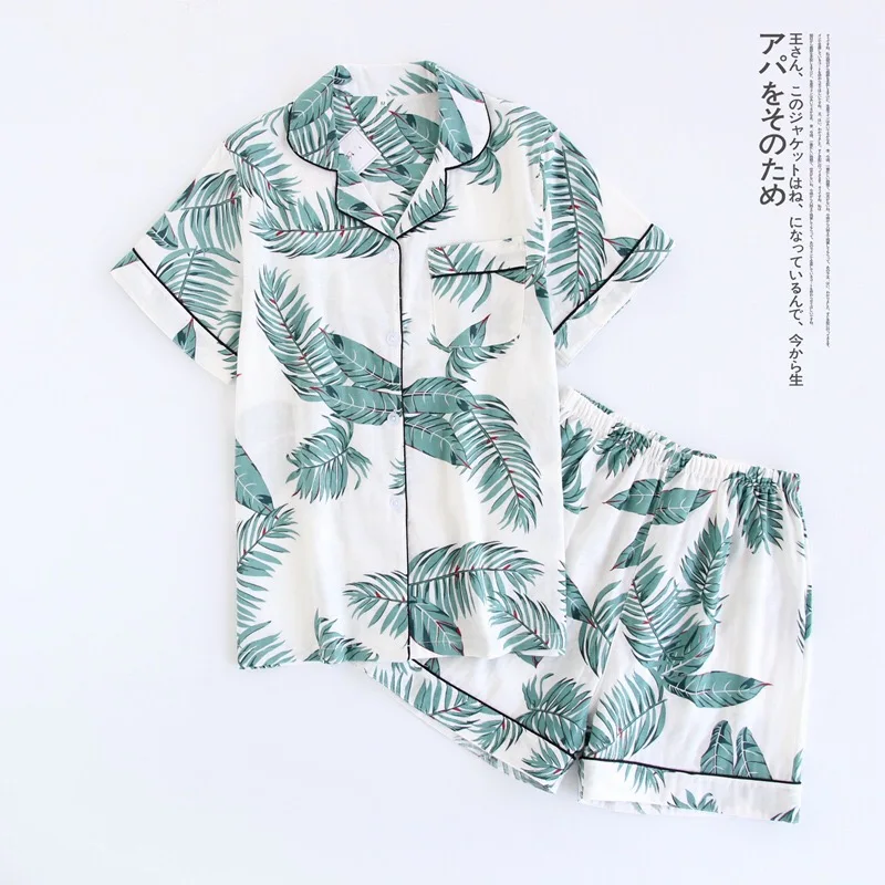 Пижамный комплект с зелеными пальмовыми листьями и отложным воротником, летняя повседневная одежда для сна, женская пижама с эластичной резинкой на талии, комплект из 2 предметов - Цвет: leaves blue