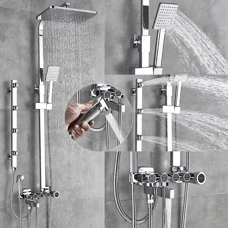 quyanre wanfan gappo matte black chrome shower faucet set with 4 spa jets rainfall shower head handshower with bidet swivel tub spout button control bath shower set221