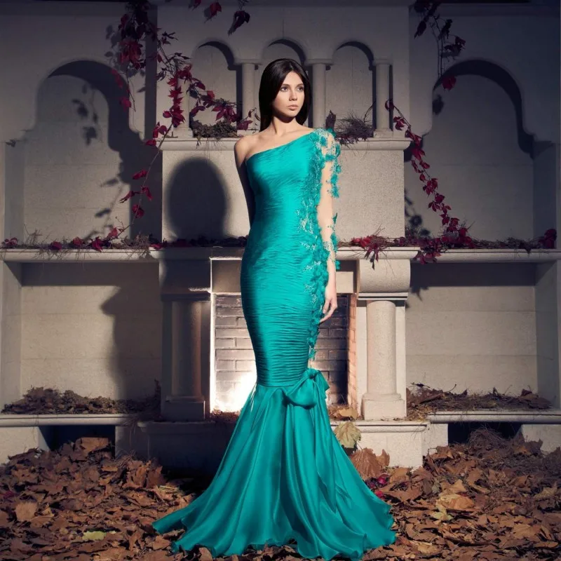 

Fashion One Shoulder Turquoise Evening Dresses 2019 Long Mermaid Prom Dress Appliques Illusion Long Sleeve Formal Party Gown