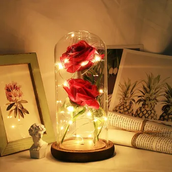 

Beauty and the Beast Red Rose in a Glass Dome on a Wooden Base Rose Lamp for Valentine's Gifts 2 Rose