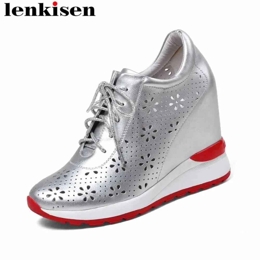 

Lenkisen 2018 handmade natural leather round toe lace up hollow super high bottom increasing runway women vulcanized shoes L46